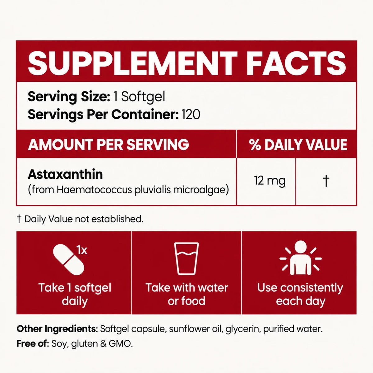 Astavelle Astaxanthin supplement facts: 12 mg per softgel, 120 servings