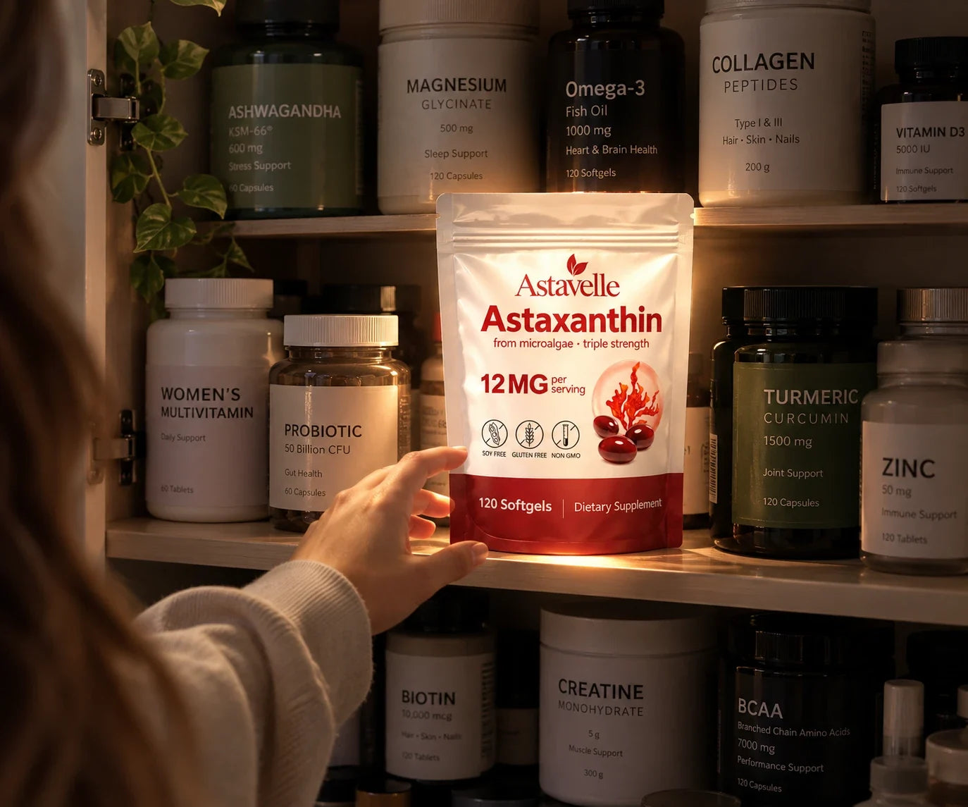 Hand reaching for a pouch of Astavelle Astaxanthin on a supplement shelf