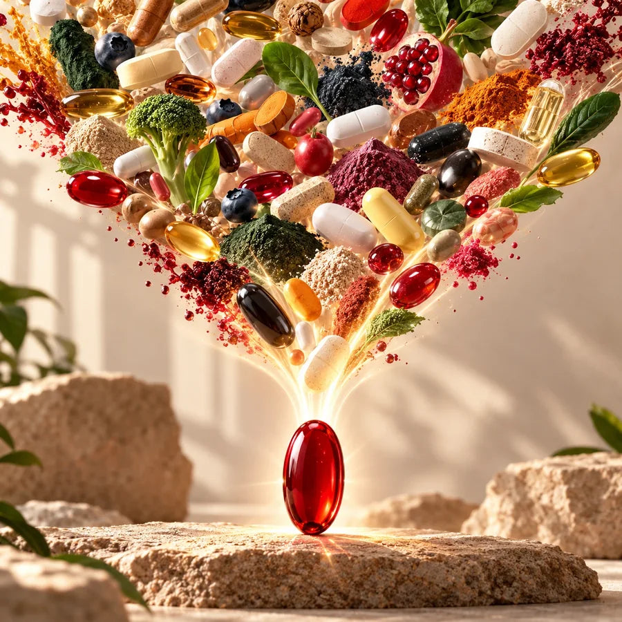 A burst of supplements, powders and fruit narrowing to a single red astaxanthin softgel