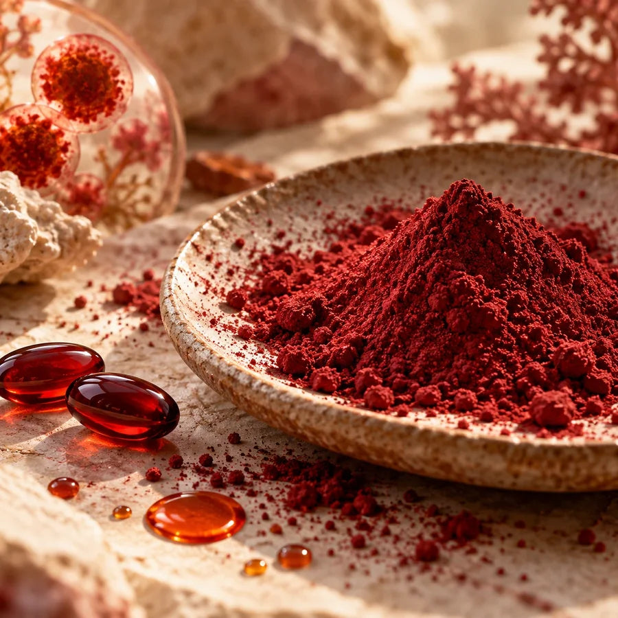 Astaxanthin powder, softgels and red microalgae on stone