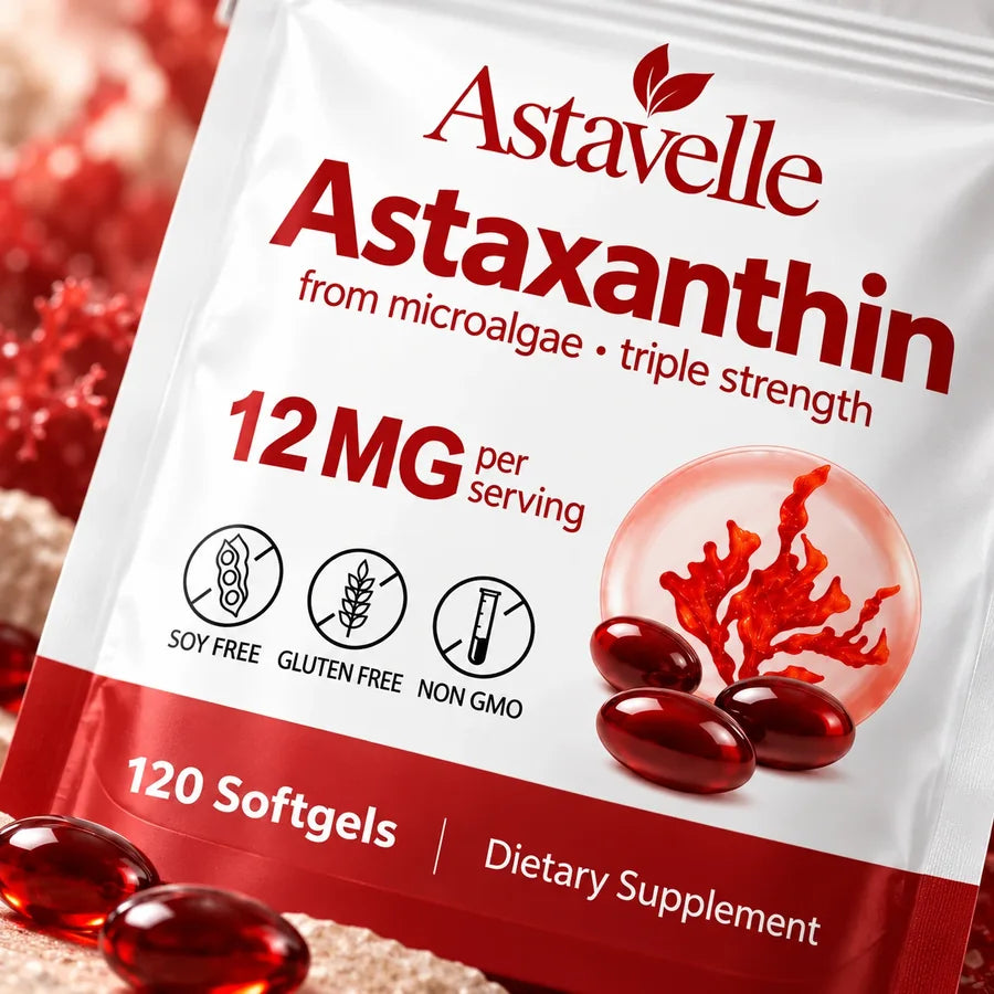 Close-up of the Astavelle Astaxanthin 12 mg pouch label