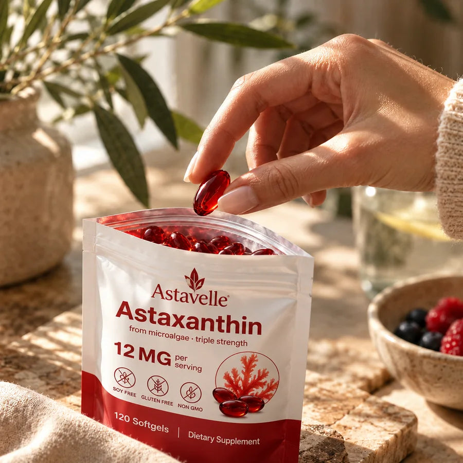 A hand taking an Astavelle astaxanthin softgel from the open pouch