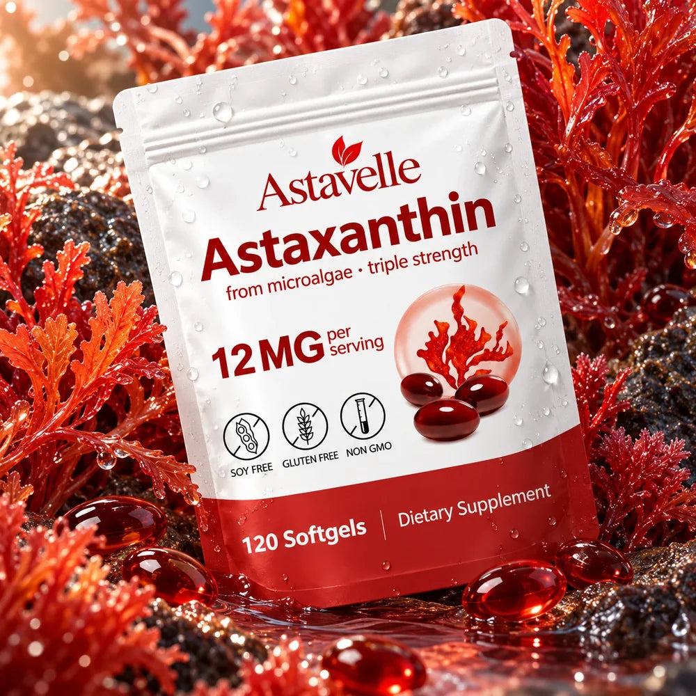 Astavelle Astaxanthin 12 mg pouch among red microalgae